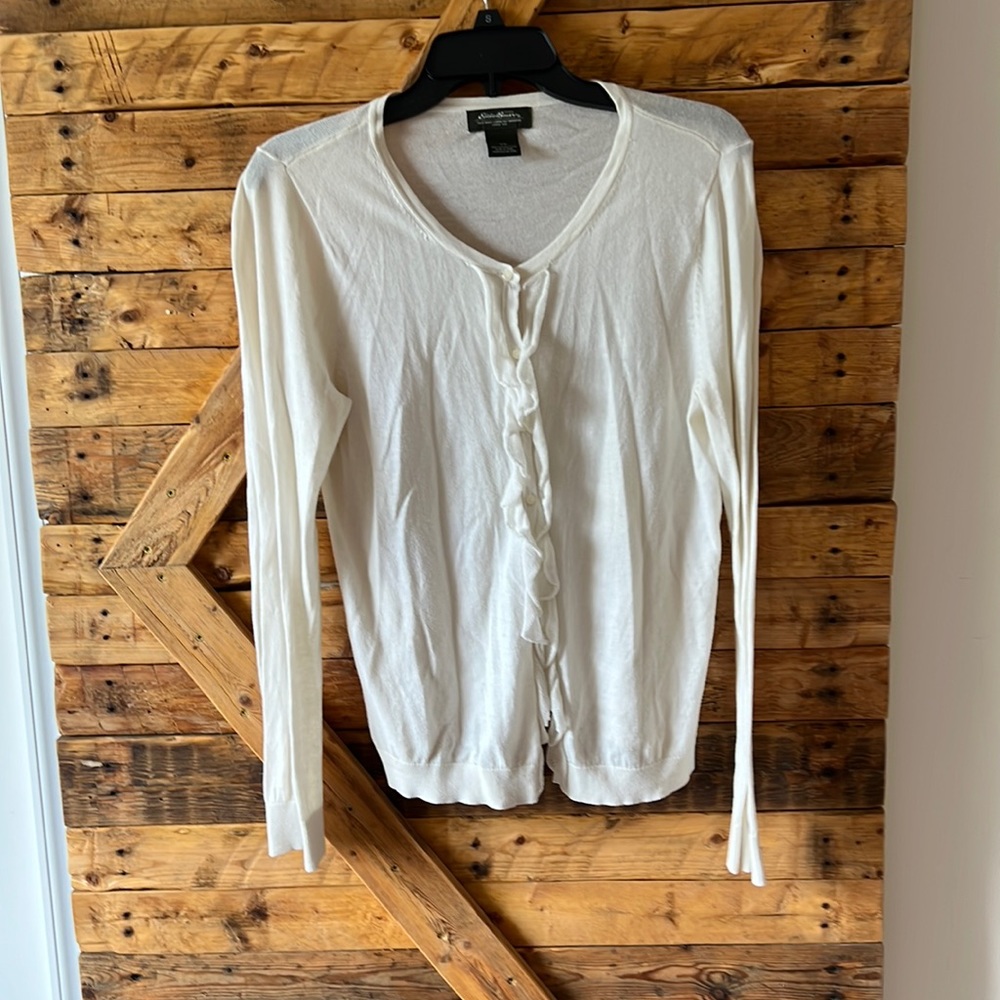 EDDIE BAUER cream cardigan sweater with ruffles along the buttons